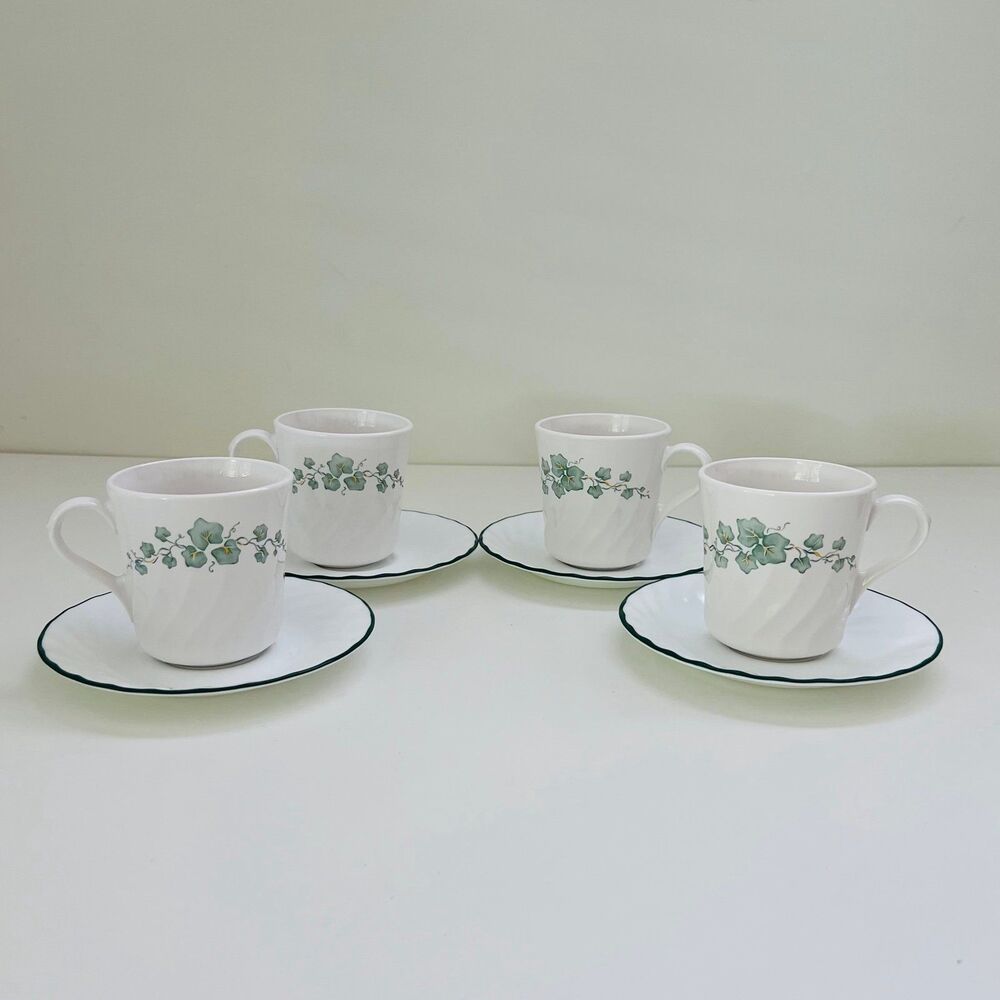 CORELLE Callaway Ivy Swirl Green Rim Tea Coffee Mug Cup & Saucer, Set of 4